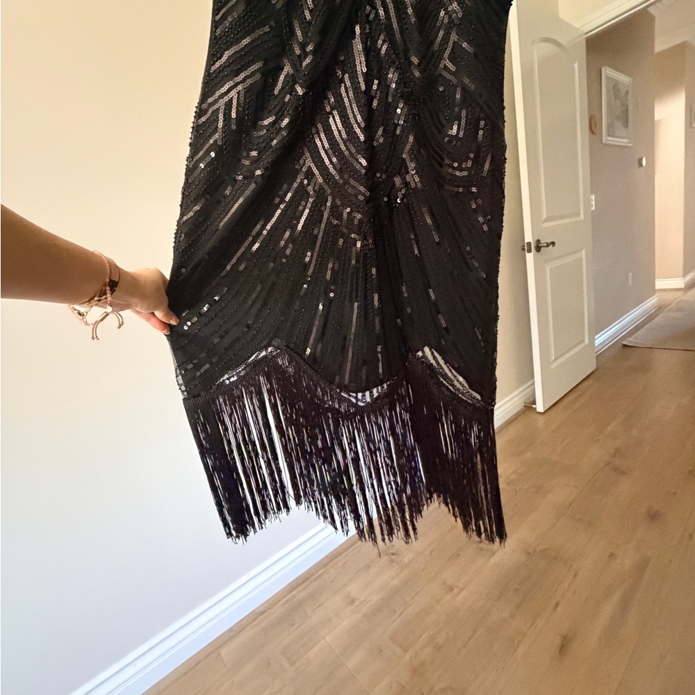 Black Sequin Fringe Sleeveless Party Dress - Picture 4 of 5